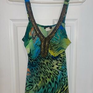 VENUS Green and Blue Leopard Print Beaded Top Sz M